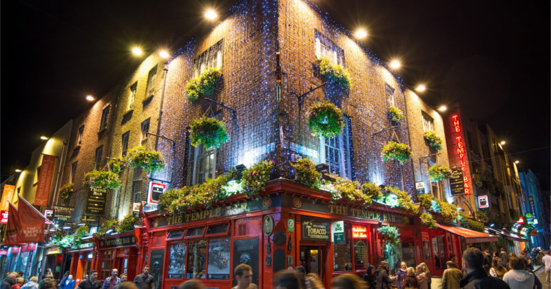 iconic temple bar in ireland covered in bright lights