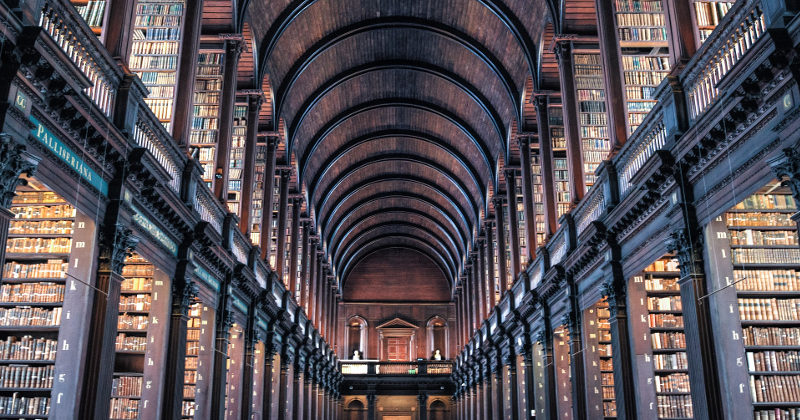 inside a library with an arched roof and thousands of books