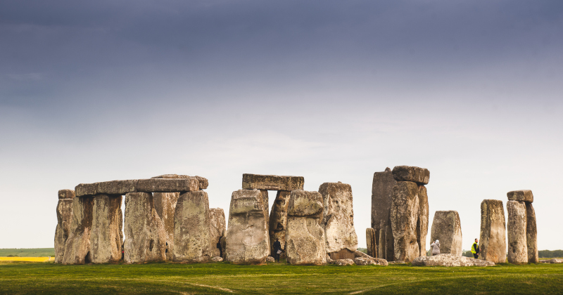 Stonehenge standing stones with blue sky above