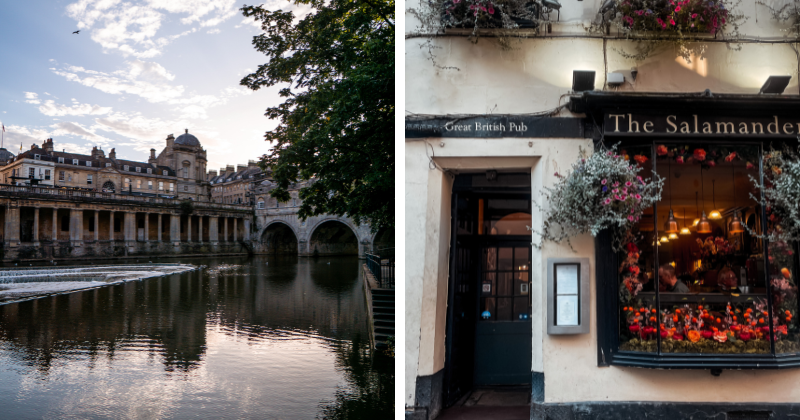 A river running by ancient buildings, and a floral window at the front of a pub