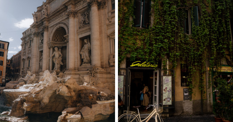 two images: a stone fountain, and a gelato shop covered in vines