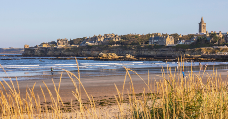A town overlooking a beach and the ocean