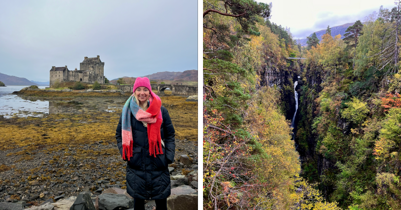 A woman standing in front of a castle by a loch, and a waterfall between trees