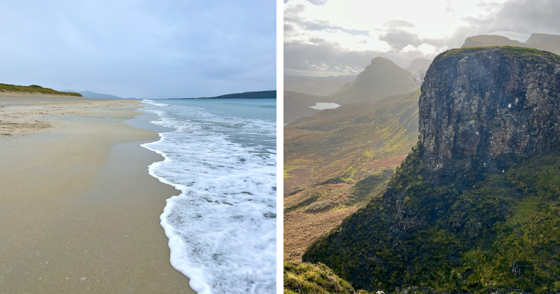 A sandy beach, and a rocky landscape