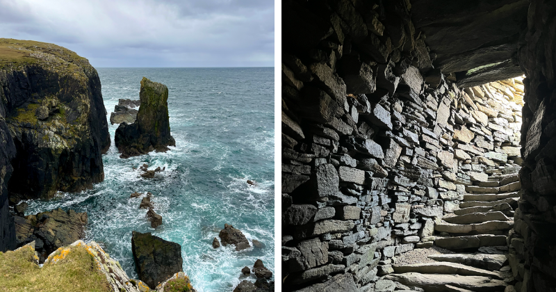 A rocky cliff face by the ocean, and a stone passage with stairs
