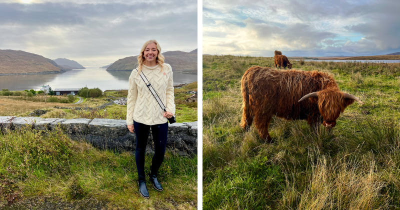 A woman standing in a field in front of a lake, and a highland cow grazing in a field