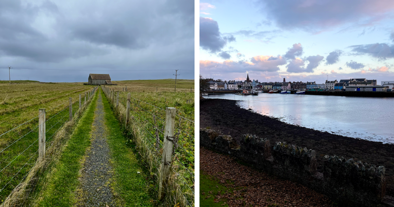 A path in a field leading to a house, and a seaside town