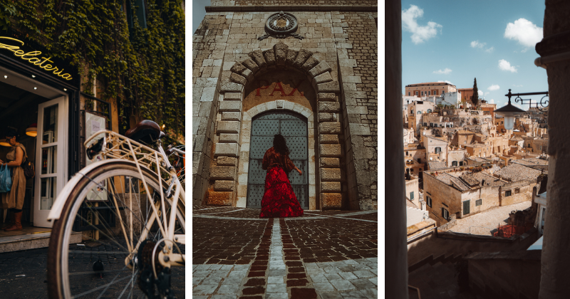 Three vibrant scenes: a gelateria entrance, a woman in a red dress by a historic stone doorway, and a scenic town view.
