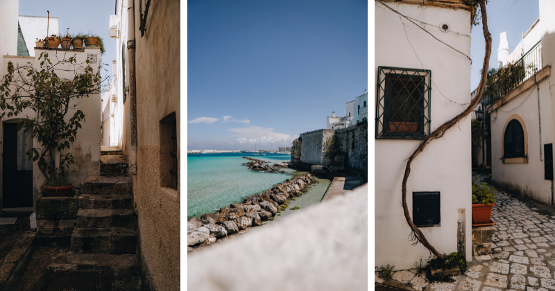 Charming coastal views and quaint alleyways, showcasing the beauty of a seaside town with clear blue waters.