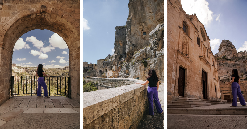 A woman in purple pants gazes at scenic landscapes and historic architecture during a guided tour.