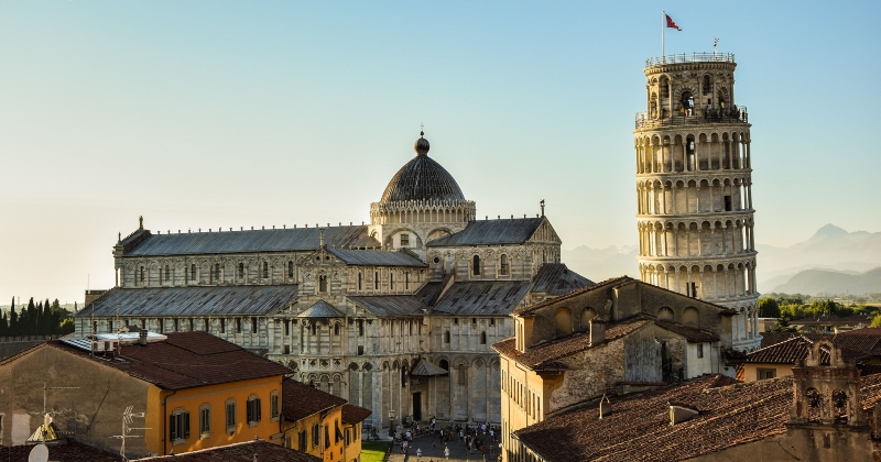 a cathedral and leaning tower