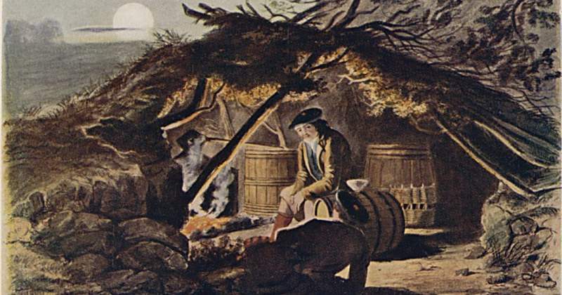 painting of a man sitting in a shelter with whisky barrels