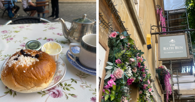 A cozy setting featuring a sweet bun with tea, plus a charming exterior of The Bath Bun shop adorned with flowers.