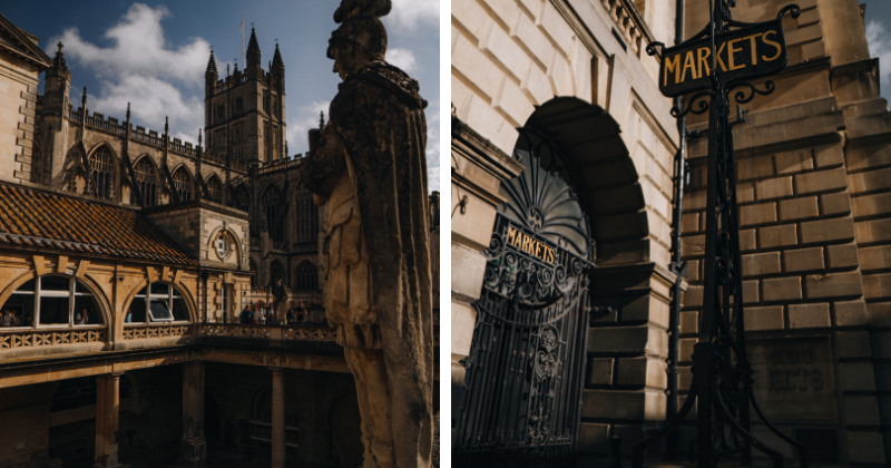 Historic architecture and statues surround a market in the UK, showcasing cultural heritage and vibrant local life.