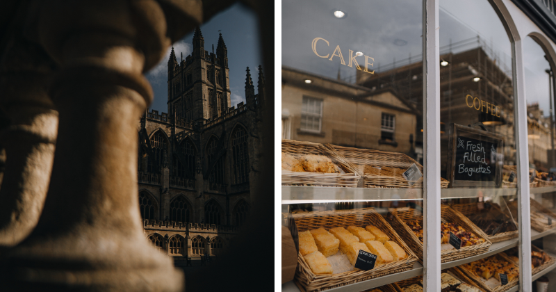A historic building reflects in a stone column, alongside a cozy bakery display showcasing cakes and pastries.
