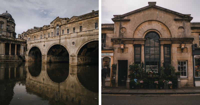 Historic buildings in Bath, UK, featuring a bridge reflected in water and a quaint shopfront with greenery.