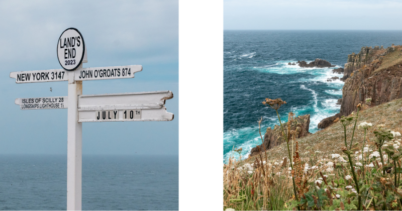 Signpost at Land's End showing distances to John O'Groats and Isles of Scilly, with rugged coastline and sea in the background.