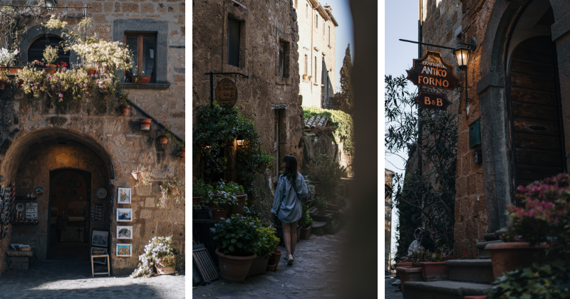 three images showing the exterior of the streets of Bagnoregio