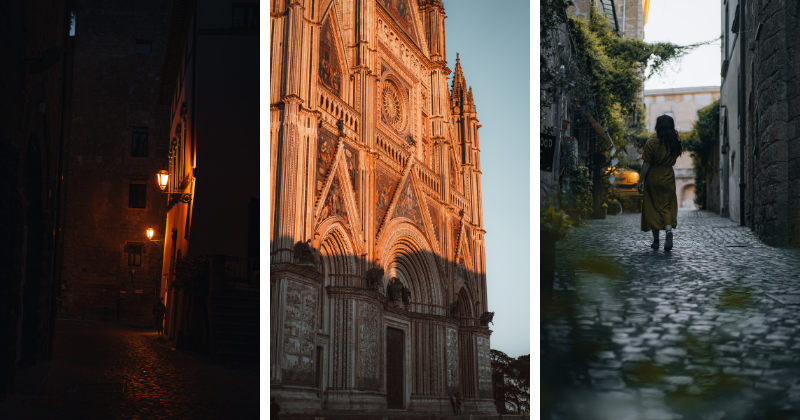 3 images one in the dark with a street lamp lit, in the middle a close up of a cathedral outer structure, on the right a person walking along the cobbled streets