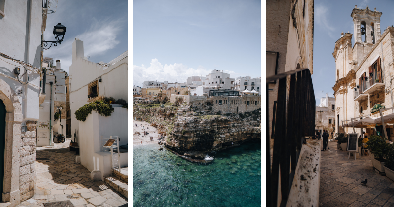 three images showcasing the light stoned outer walls of Polignano streets