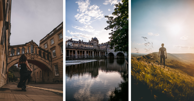 a woman standing under an old bridge, a river surrounded by historical buildings, and a man standing in a field of grass