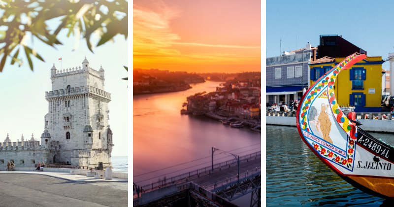 a castle by the water, a river by a city at sunset, and a colourful boat in a river
