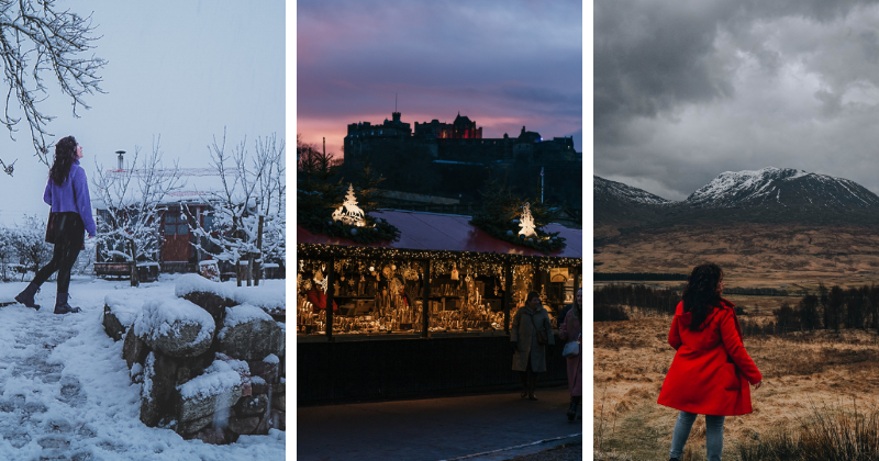 a woman standing in the snow in front of a cabin, christmas markets, and a woman standing in a valley
