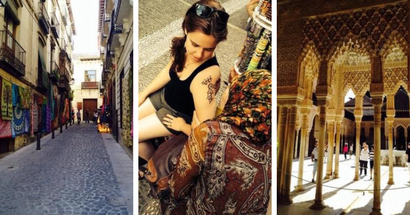 three photos, two of street landscape and one of a woman getting a henna tattoo