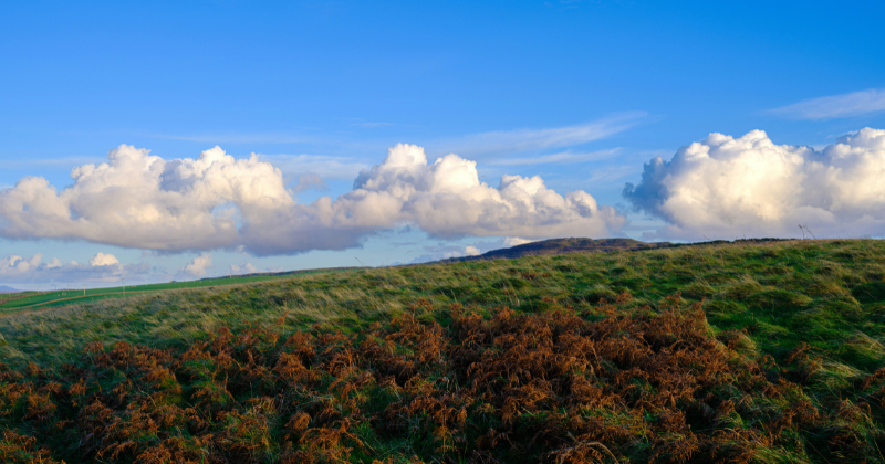 green moorlands with bright blue sky and clouds