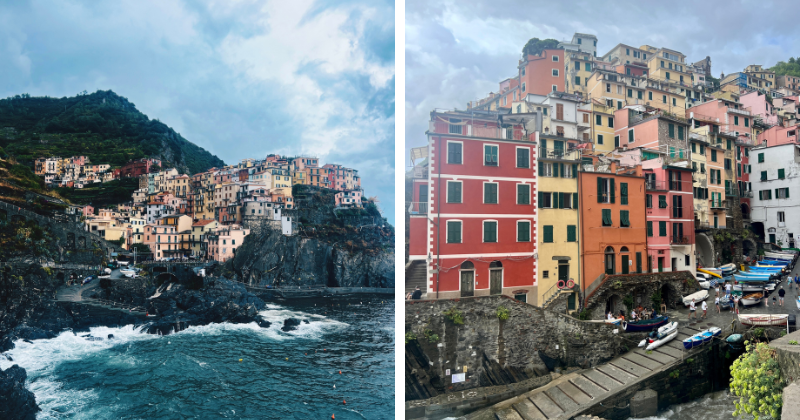 two images of colourful houses sitting on the cliff edge of Italy