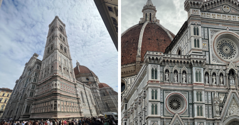 close up views of tall light coloured stone buildings which can be found in Italy