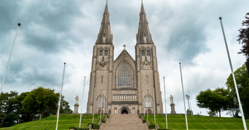 outside of St Patrick's Roman Catholic Cathedral standing tall on top of a hill