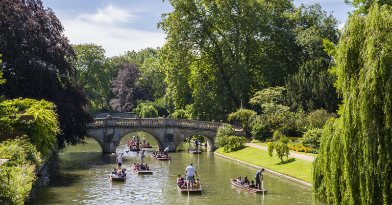 a park in Cambridge with the river in the middle and people in boats