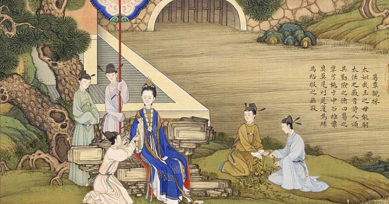 painting of the Shang Dynasty where there is the ruler and five people sat beside them