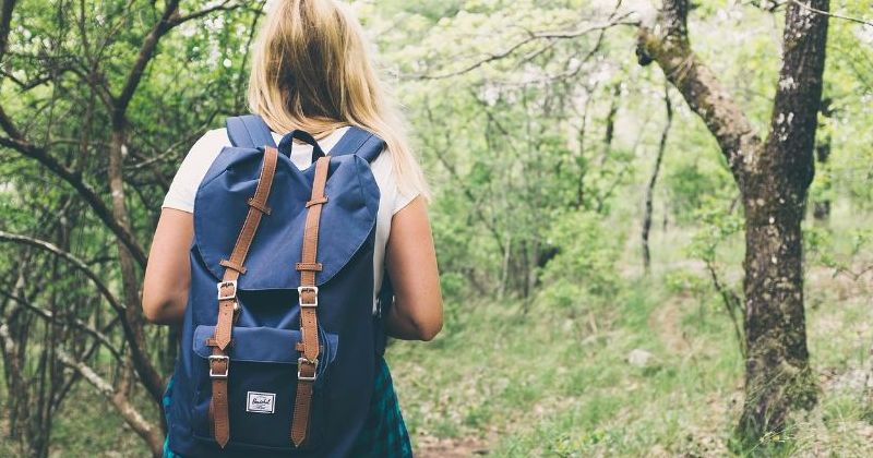 woman with a backpack on walking through a forest