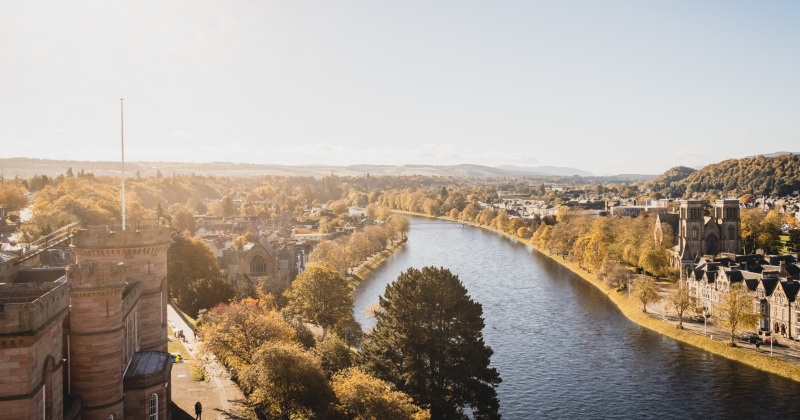 birdeye view over inverness city with the river in the middle