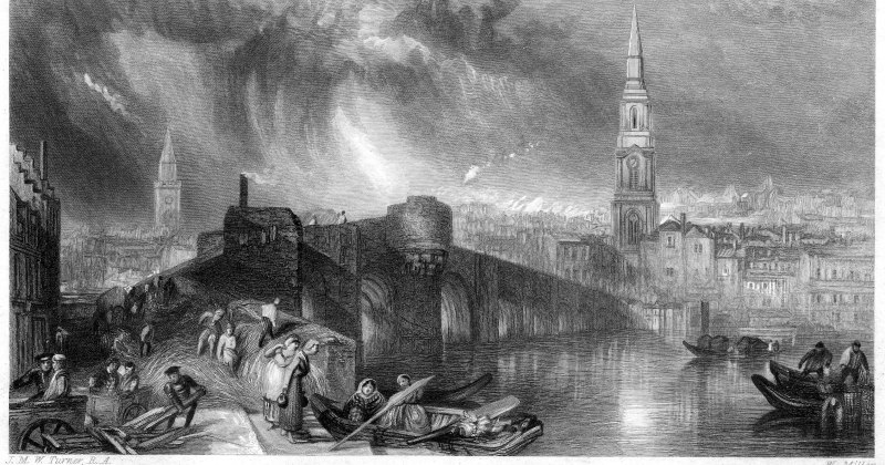 a historical drawing of a city with a large bridge