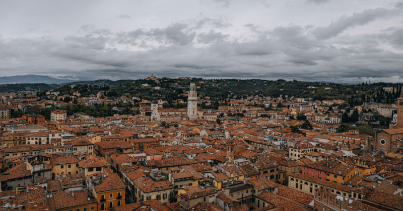 birdeye view looking at Verona from above the rooftops