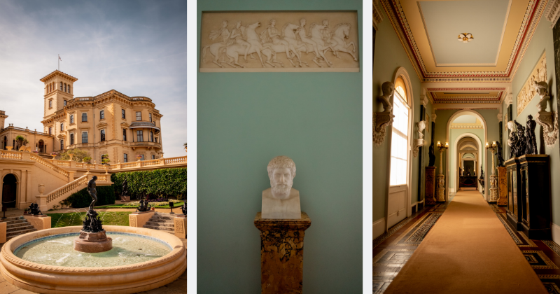 pictures of the interior and exterior of a lavish castle