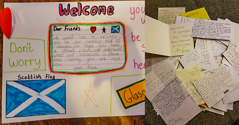 an array of letters and signs welcoming people to Glasgow