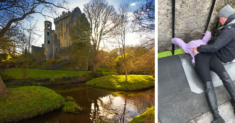 on the left the outside of a castle surrounded by greenary and trees. on the right one person lay kissing the Blarney stone