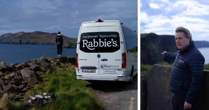 on the left a rabbie's bus parked and a person stood on the wall looking over the sea. On the right a rabbie's driver guide talking