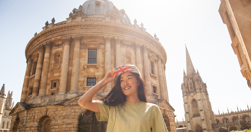 female wearing union jack hat around the streets of Oxford