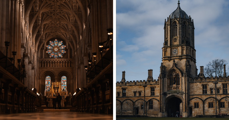 on the left the interior to a church with a circle stain glassed window in the middle. On the right the outside of the church building with blue sky behind