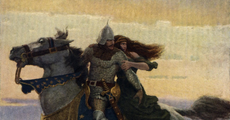 a knight on a horse with a woman