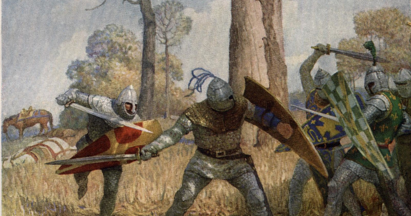 painting of knights fighting in a field