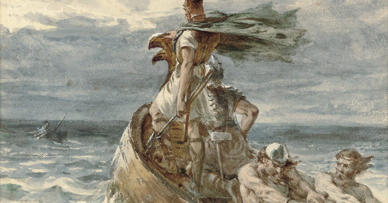 a painting of men in a boat