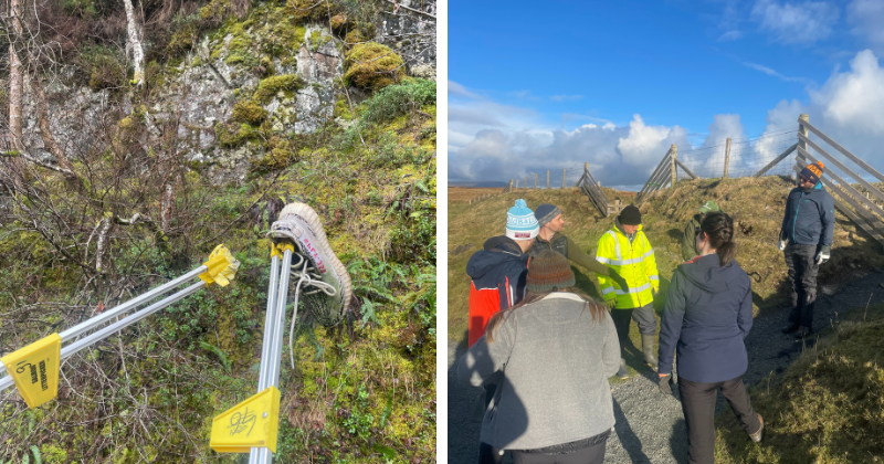 on the left is two litter pickers, one holding a shoe found in bushes. On the right is a group photo of people talking