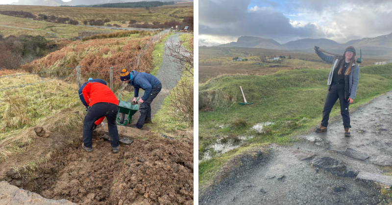 on the left is two people digging and helping to restore a path. On the right is a lady with a pick helping to retore a road