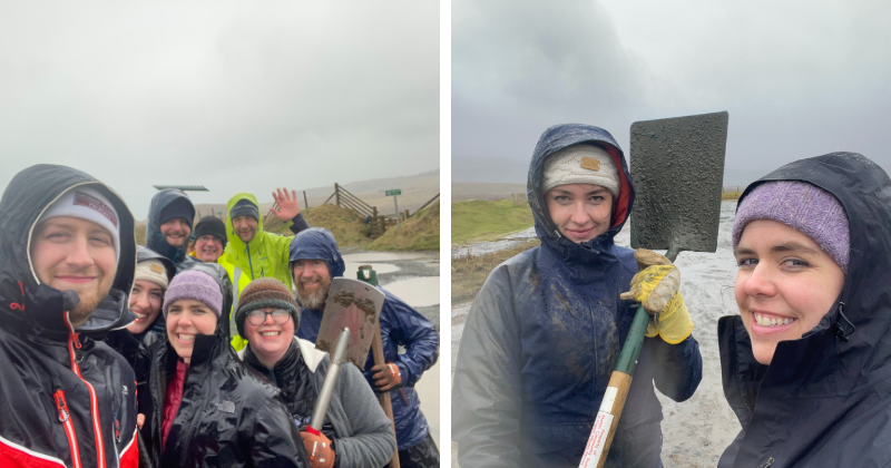 on the left a group photo in the rain following a day of rebuilding paths. On the right two people, one holding a shovel after working on the paths